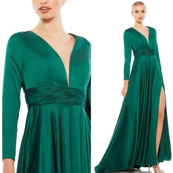 Mac Duggal NEW Size 14 Emerald Green Long Sleeve Ruched Waist A Line Gown 55245 - Picture 4 of 7